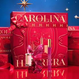 Carolina Herrera La Bomba Eau de Parfum & Travel Spray Gift Set 50ML in red branded gift box with bow and bottles displayed