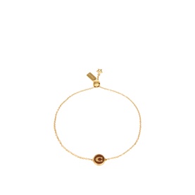 Coach Signature C Coin Slider Bracelet in gold-tone with brown monogram coin embellishment on slim adjustable chain