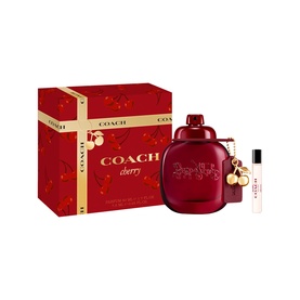 Coach Cherry Parfum & Travel Spray Gift Set 50ml in red gift box with gold ribbon, includes bottle and miniature travel spray
