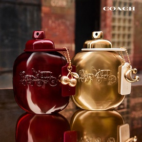 Coach Cherry Parfum & Travel Spray Gift Set 50ml, ruby red and gold bottles with cherry charm pendants, duo fragrance set