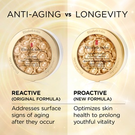 Elizabeth Arden Advanced Gold Ceramide Capsules comparing Reactive original formula and Proactive new formula, side by side in gold capsule jars