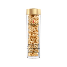 Elizabeth Arden Advanced Gold Ceramide Capsules Daily Youth Restoring Serum, clear cylindrical jar containing 90 gold capsules with gold lid
