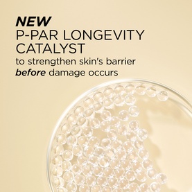 Elizabeth Arden Advanced Gold Ceramide Capsules serum shown with clear capsules in a glass dish, highlighting P-Par Longevity Catalyst formula