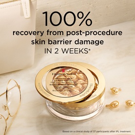 Elizabeth Arden Advanced Gold Ceramide Capsules serum, 90 capsules, open jar displaying gold capsules with glasses and earrings styled alongside