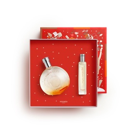 Herm&egrave;s Eau des Merveilles Eau de Toilette Gift Set 50ml, large bottle and travel spray in festive red star-print gift box