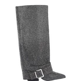 Black knee-high fold-over boots with allover crystal embellishment, square buckle detail, and block heel on white background
