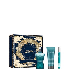 Jean Paul Gaultier Le Male Eau de Toilette Gift Set 75ml, including EDT bottle, shower gel, and travel spray with decorative box