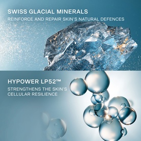 La Prairie Swiss Pristine Essence key ingredients: Swiss Glacial Minerals and Hypower LP52, shown with ice and molecular spheres