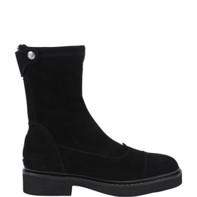 Black suede mid-calf boot with square toe, back zip fastening, silver stud detail, and chunky black sole