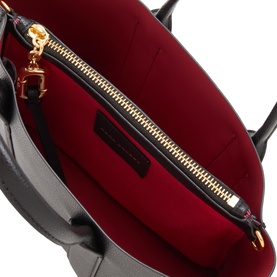 Marc Jacobs The Small Work Tote Bag in black pebbled leather, interior view showing gold-tone zip compartment and red lining