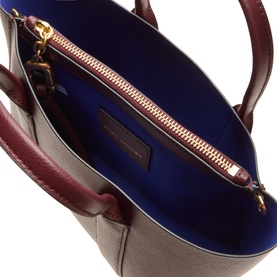 Marc Jacobs The Small Work Tote Bag in Dark Port, interior view showing royal blue lining, gold-tone zip compartment and burgundy leather trim