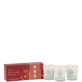 Max Benjamin Mini Candle Trio Set, three white glass votive candles with snowflake detail beside red gift box packaging