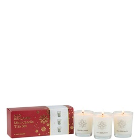Max Benjamin Mini Candle Trio Set, three white glass votive candles with gold snowflake detail and red gift box packaging