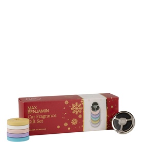 Max Benjamin Car Fragrance Gift Set with stacked pastel scent discs, silver diffuser, and festive red gift box