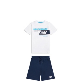 New Balance 2 Piece set in Bright White; white graphic logo T-shirt and navy blue shorts, laid flat