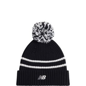 New Balance kids' ribbed knit bobble hat in NB Caviar black with white stripe detail and monochrome pom-pom