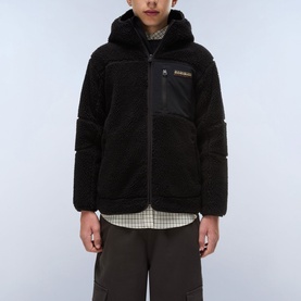 Model wearing Napapijri children's Black Beauty sherpa hooded jacket with zip fastening, styled with check shirt and khaki trousers