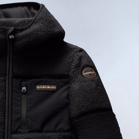 Napapijri children's jacket in Black Beauty, textured sherpa fleece with zip chest pocket and logo badge detail.