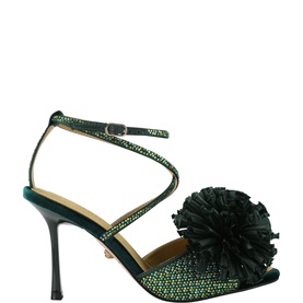 Green crystal-embellished strappy stiletto sandal with oversized black flower corsage detail and ankle strap, gold-toned heel