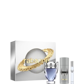 Paco Rabanne Invictus Fragrance Set with EDT bottle, deodorant spray, and travel-size miniature in branded gift box