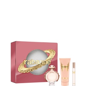 Paco Rabanne Olymp&eacute;a Eau de Parfum Gift Set 50ml in pink gift box with EDP bottle, body lotion, and travel spray
