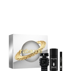 Paco Rabanne Phantom Parfum Gift Set 50ml, including black bottle, deodorant stick, and travel spray in branded box