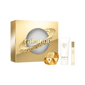 Paco Rabanne Lady Million Eau de Parfum Gift Set 50ml, featuring EDP bottle, body lotion, and travel spray in gold gift box