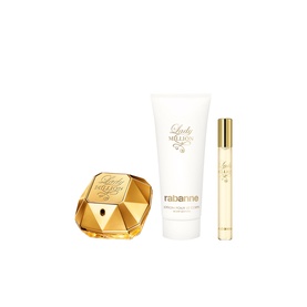 Paco Rabanne Lady Million Eau de Parfum Gift Set 50ml with gold faceted bottle, white body lotion tube, and travel spray rollerball
