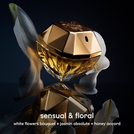 Paco Rabanne Lady Million Eau de Parfum Gift Set 50ml, faceted gold diamond-shaped bottle with dark cap, sensual floral fragrance