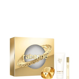 Paco Rabanne Lady Million Eau de Parfum Gift Set 50ml, featuring EDP bottle, body lotion, and travel spray in gold gift box