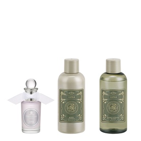Penhaligon Luna Eau de Toilette Gift Set 30ml with two sage-green body lotion and shower gel bottles and faceted glass bottle