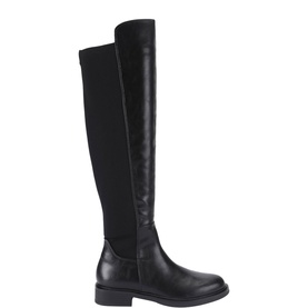 Black over-the-knee boot with smooth leather front panel, stretch back panel, and flat rubber sole