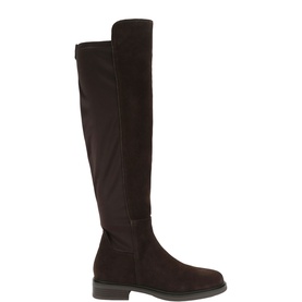 Dark brown suede and stretch over-the-knee boot with flat sole and back zip fastening, shown in profile