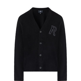 Represent black alpaca-wool blend cardigan with tonal embroidered RP logo, V-neck, and button-front fastening
