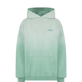 Represent hoodie in Washed Aloe, faded ombr&eacute; effect, kangaroo pocket, small chest logo, drawstring hood, 100% cotton