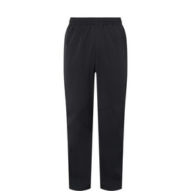 Represent black nylon sweatpants with elasticated waist and straight-leg silhouette