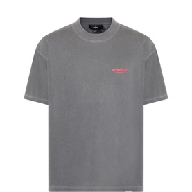 Represent washed black cotton T-shirt with small red logo print on chest, crew neck, short sleeves