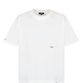 Represent flat white cotton T-shirt with crew neck, short sleeves, chest pocket, and small logo label detail.