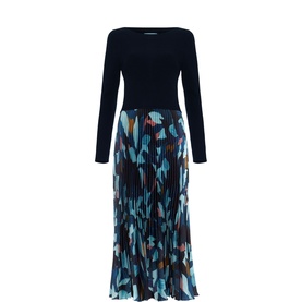 Phase Eight midi dress in multi, navy ribbed bodice with long sleeves, abstract print pleated skirt in blue and teal tones
