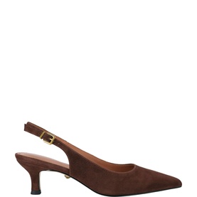 Kurt Geiger London brown suede pointed-toe slingback heels with gold buckle strap and kitten heel