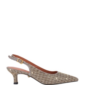 Houndstooth print slingback kitten heel pump with gold buckle, pointed toe, and tan leather lining