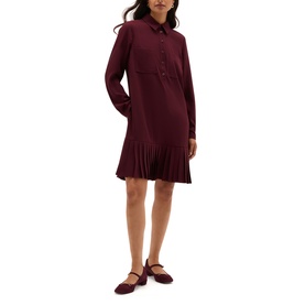 Model wearing Hobbs fig purple shirt dress with pleated hem, long sleeves and collar, styled with burgundy mary jane flats