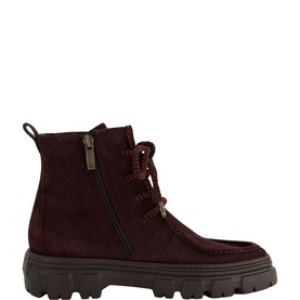 Paul Green red suede lace-up ankle boot with side zip, gold-tone hardware, and chunky dark lug sole