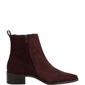 Paul Green red suede ankle boot with pointed toe, side zip fastening, and block heel