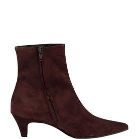 Paul Green ankle boot in red suede with pointed toe, kitten heel, and side zip fastening