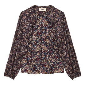 Bash blue ditsy floral print blouse with long sleeves, ruched front detail, and V-neckline