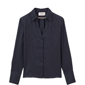 Bash blue long-sleeve button-through shirt with spread collar and single-button cuffs, jacquard texture