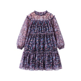 Purple floral print chiffon tiered dress with ruffle trim, high neck, long sleeves, and layered skirt