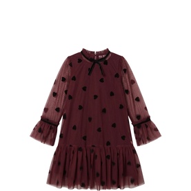 Angel & Rocket burgundy tulle dress with flocked black heart print, high neck, long ruffle sleeves, and tiered hem