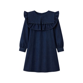 Angel & Rocket denim blue long-sleeve cotton dress with large ruffle collar, A-line silhouette, button back fastening